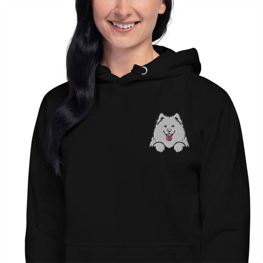 Sweat à capuche unisexe premium brodé avec motif chien Samoyède ou Poméranien