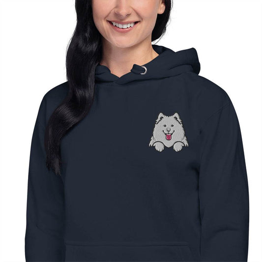 Sweat à capuche unisexe premium brodé avec motif chien Samoyède ou Poméranien