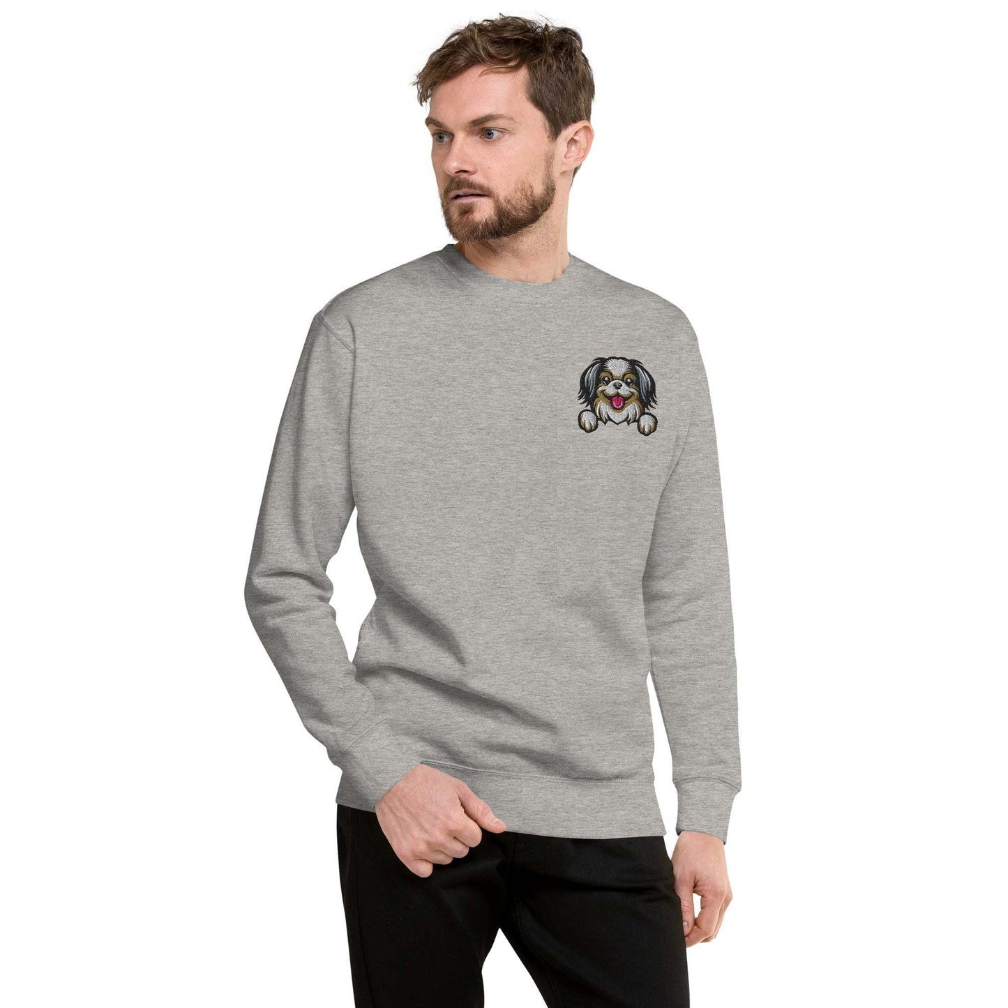 Unisex gray sweatshirt with embroidered Japanese Chin dog on chest, premium soft fabric, casual streetwear style