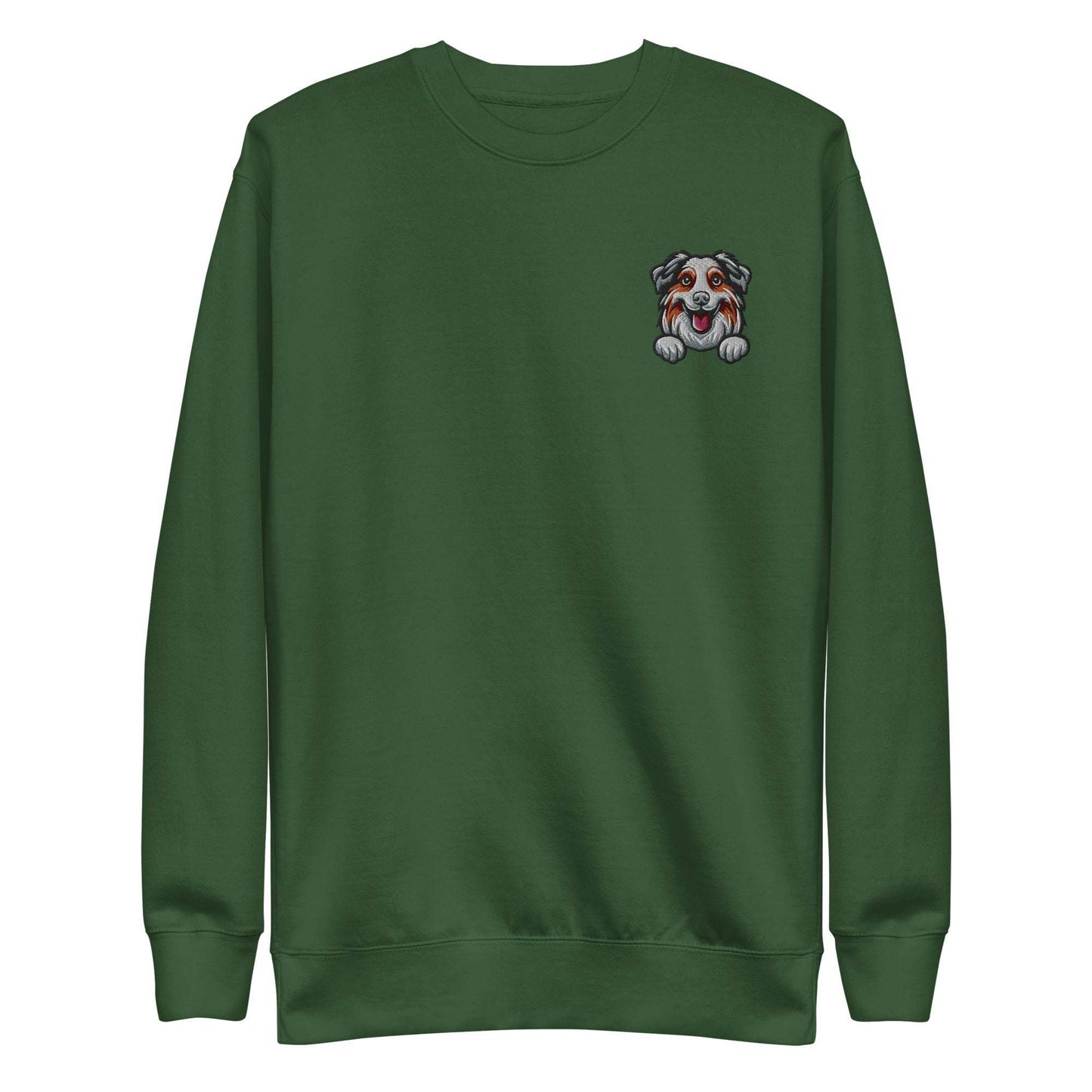 Green unisex sweatshirt with embroidered Australian Shepherd dog face on chest, made from soft cotton-polyester blend