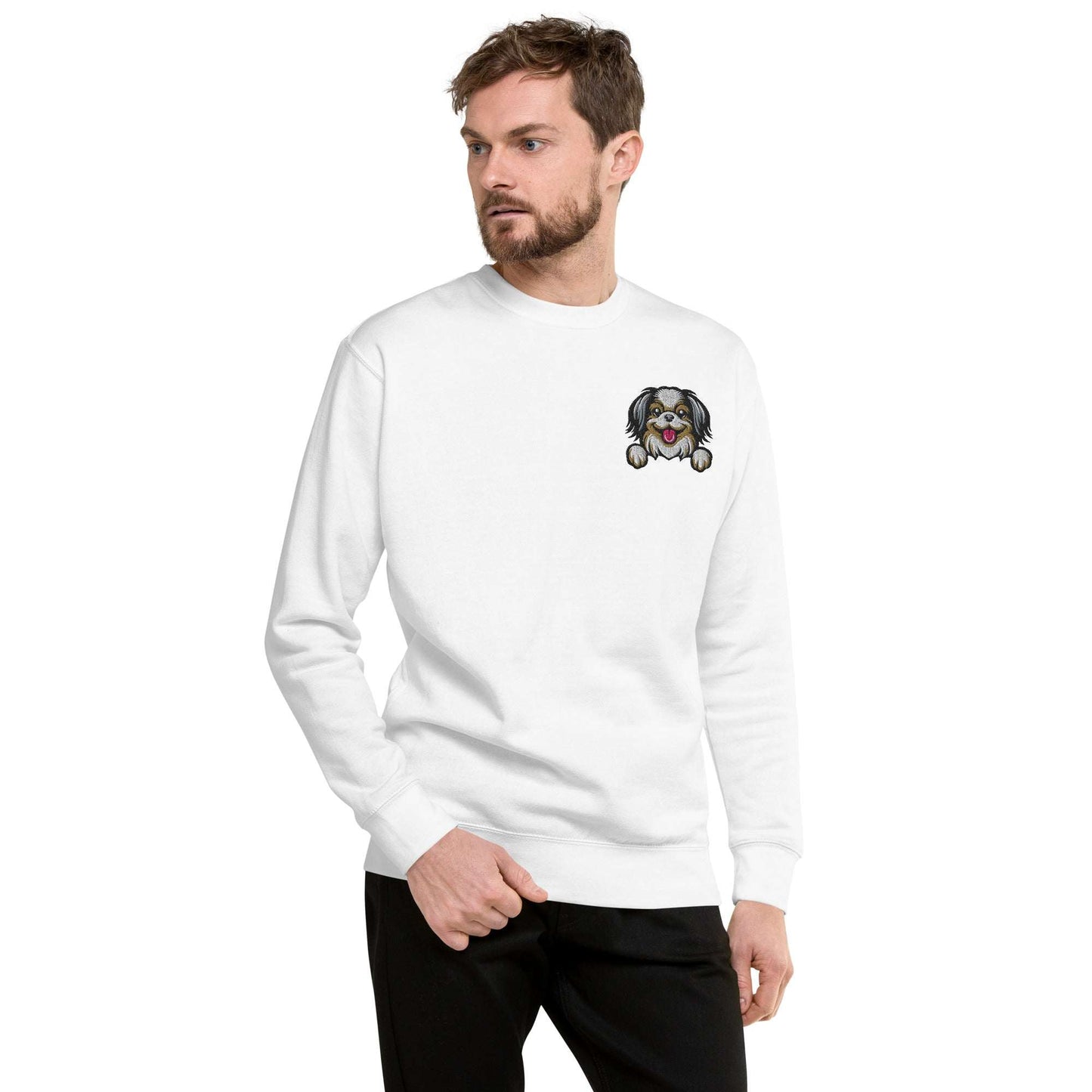 Unisex white sweatshirt with Japanese Chin dog embroidery on chest, soft premium fabric, cozy fleece interior, and classic crew neck design.