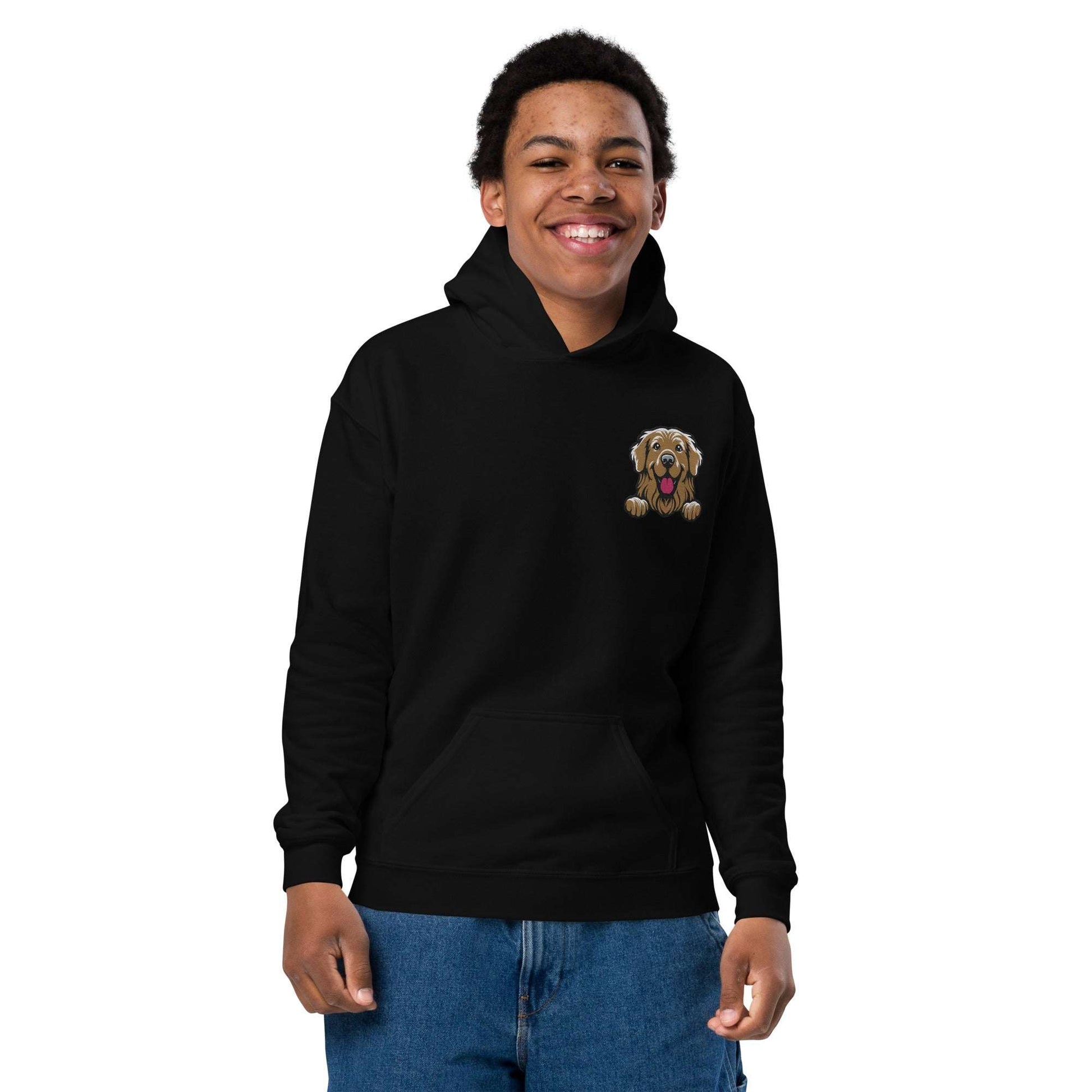 youth unisex black hoodie with detailed golden retriever embroidery front pouch pocket and comfortable cotton blend