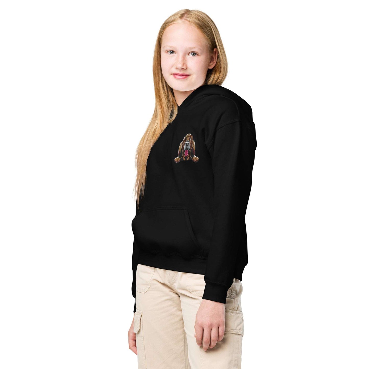 Youth unisex black hoodie with detailed Bloodhound dog embroidery, soft cotton blend, and front pouch pocket.