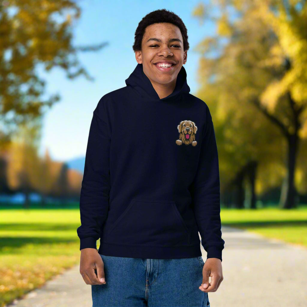 youth unisex navy hoodie with embroidered golden retriever design on chest
