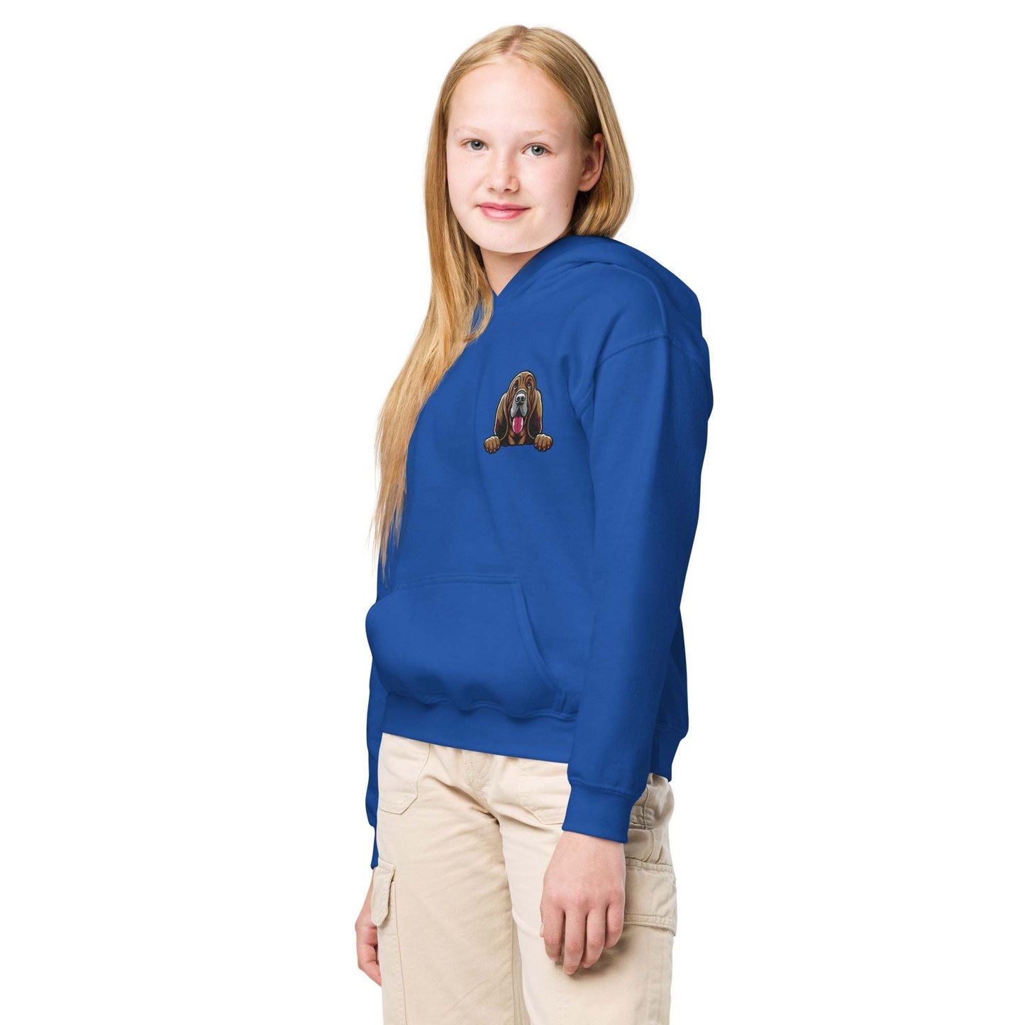 Youth unisex blue Bloodhound hoodie with detailed embroidered dog design and front pouch pocket.