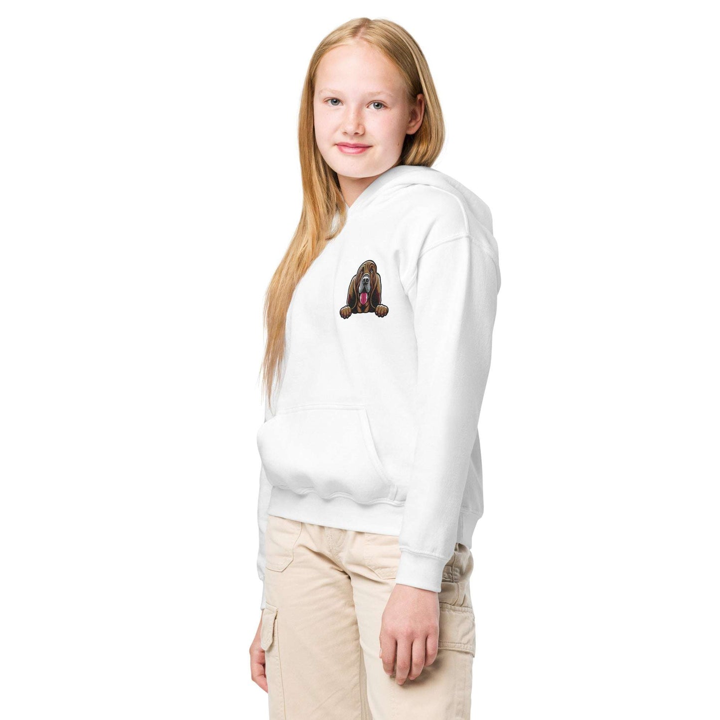 Youth unisex white hoodie with detailed Bloodhound dog embroidery on chest, featuring front pouch pocket and cotton blend fabric.