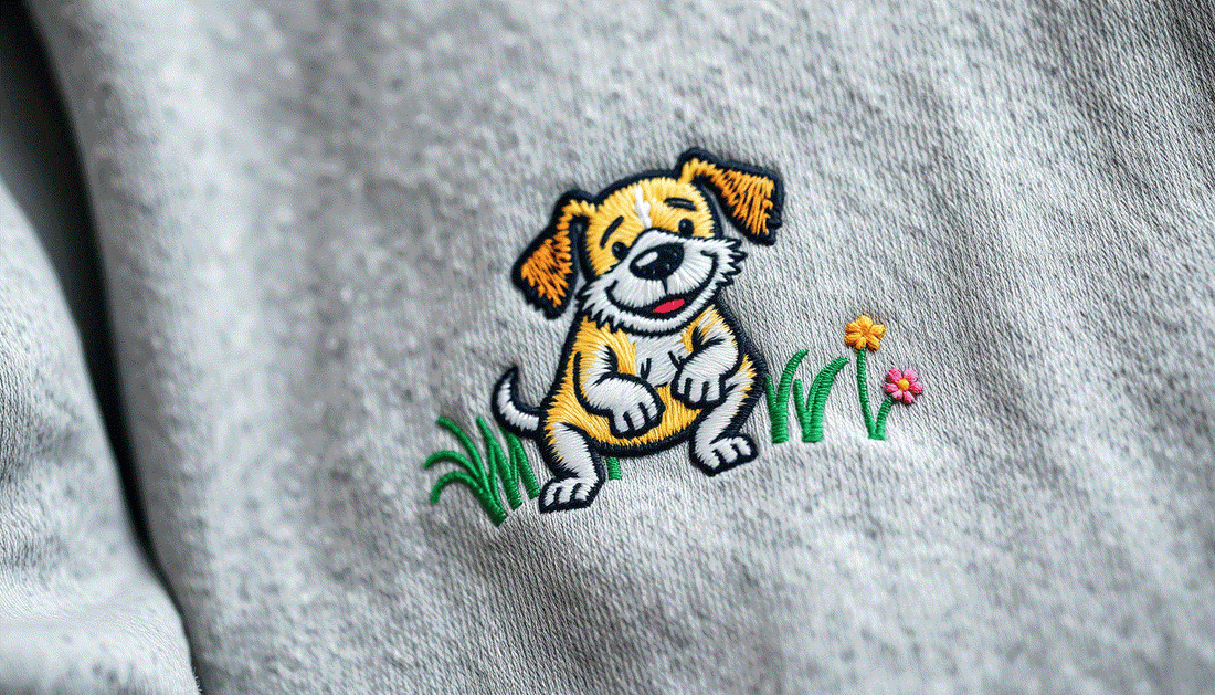 Close-up of a gray fabric sweater with a colorful embroidered playful dog and small flowers representing quiet luxury pet-inspired fashion.
