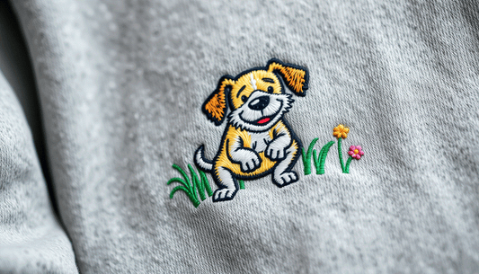 Close-up of a gray fabric sweater with a colorful embroidered playful dog and small flowers representing quiet luxury pet-inspired fashion.
