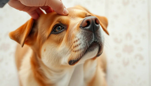Close-up of a person gently petting a happy golden-brown dog’s head, celebrating the gift of a dog’s love.