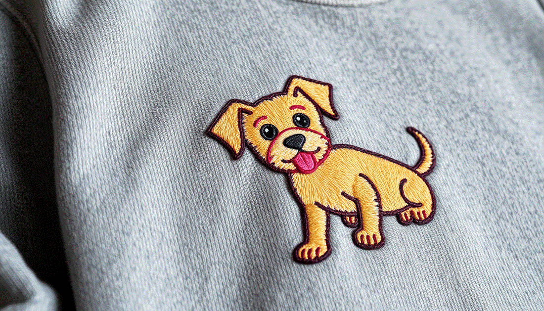 Close-up of gray hoodie with a colorful embroidered cartoon dog design showcasing Pawlogo's stylish pet-inspired hoodies.