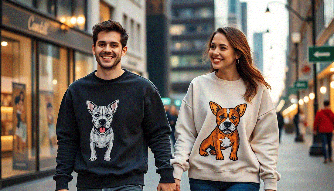Two young adults wearing PawLogo's embroidered sweatshirts featuring stylish dog designs, walking and smiling in an urban street setting.