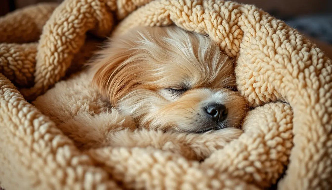 Small dog peacefully sleeping wrapped in a cozy beige blanket representing calm and comfort in dog training tips