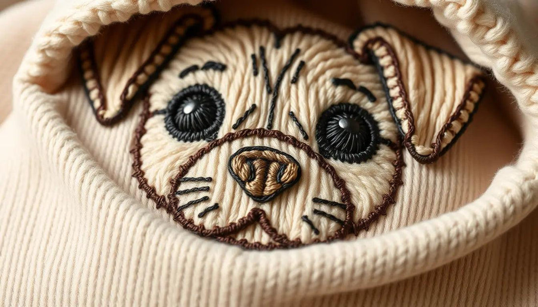 Close-up of intricate complex embroidery of a dog's face on soft beige pet apparel fabric.