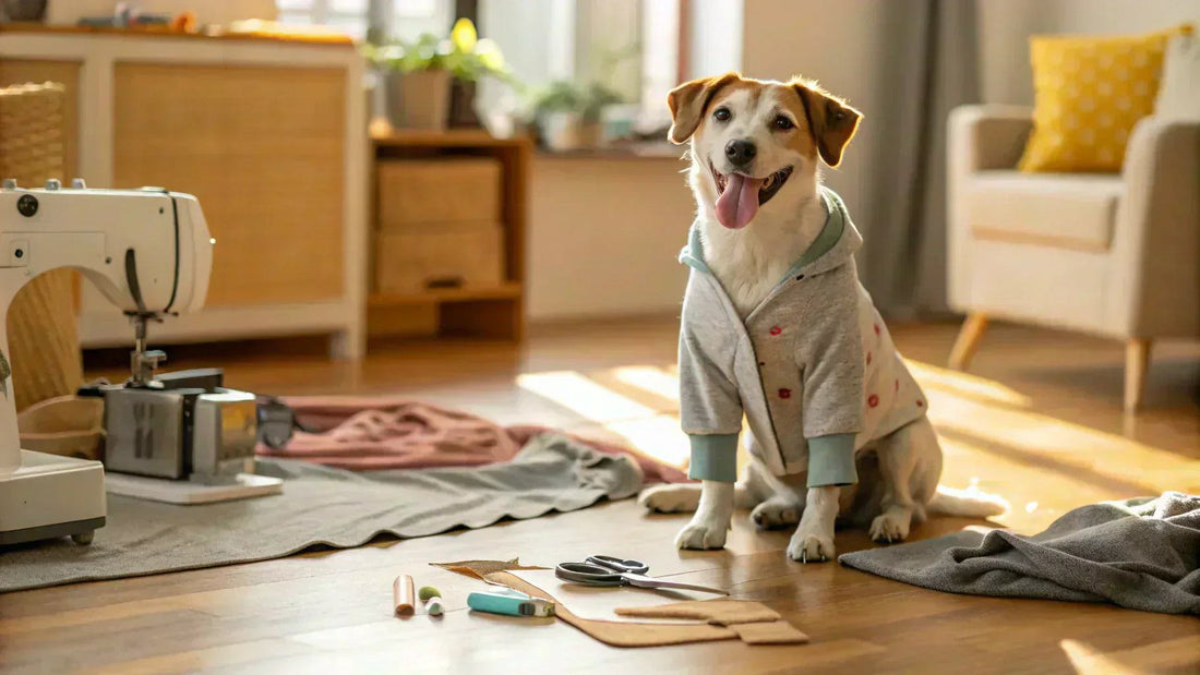 Happy dog wearing a handmade hoodie, sitting on a wooden floor surrounded by sewing tools and fabric in a cozy, sunlit room.